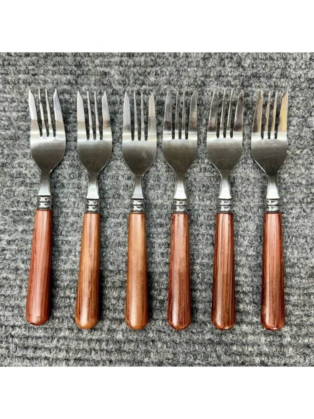 Faberware Silverware Lot Of 6 Small Forks Faux Wood Brown Handle Child Vintage